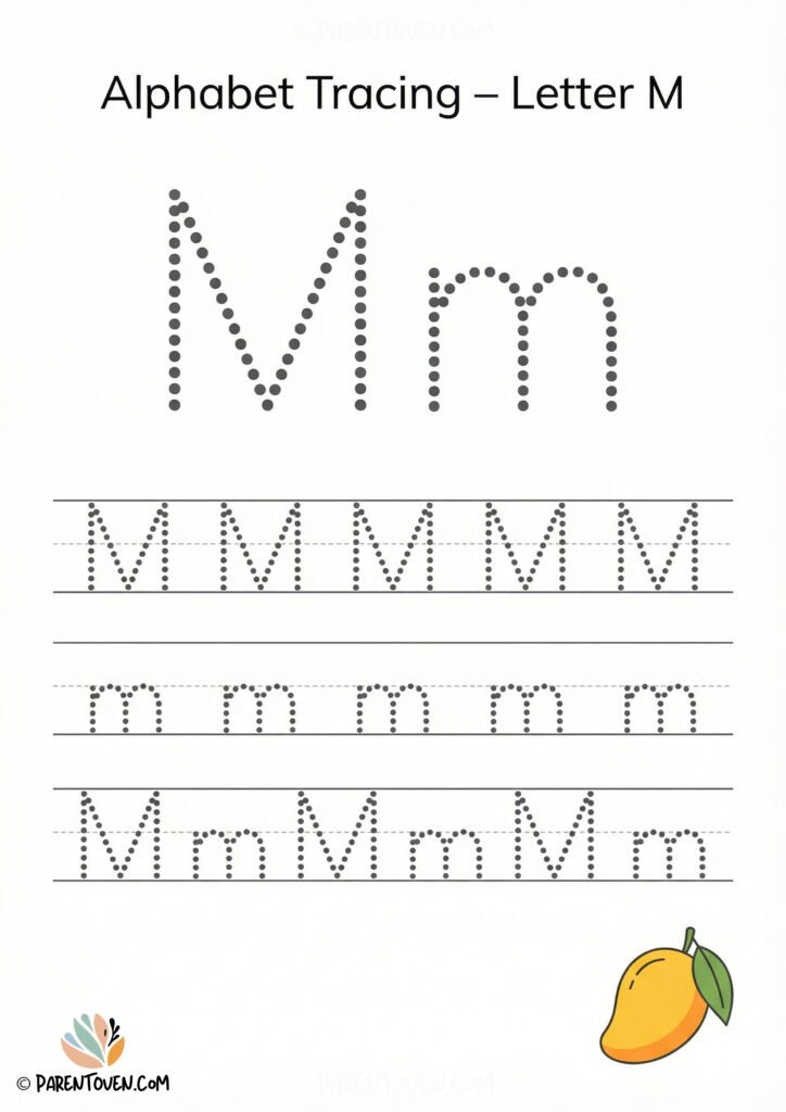 Letter M tracing worksheet with dotted uppercase and lowercase M and a mango illustration to help kids write the alphabet.