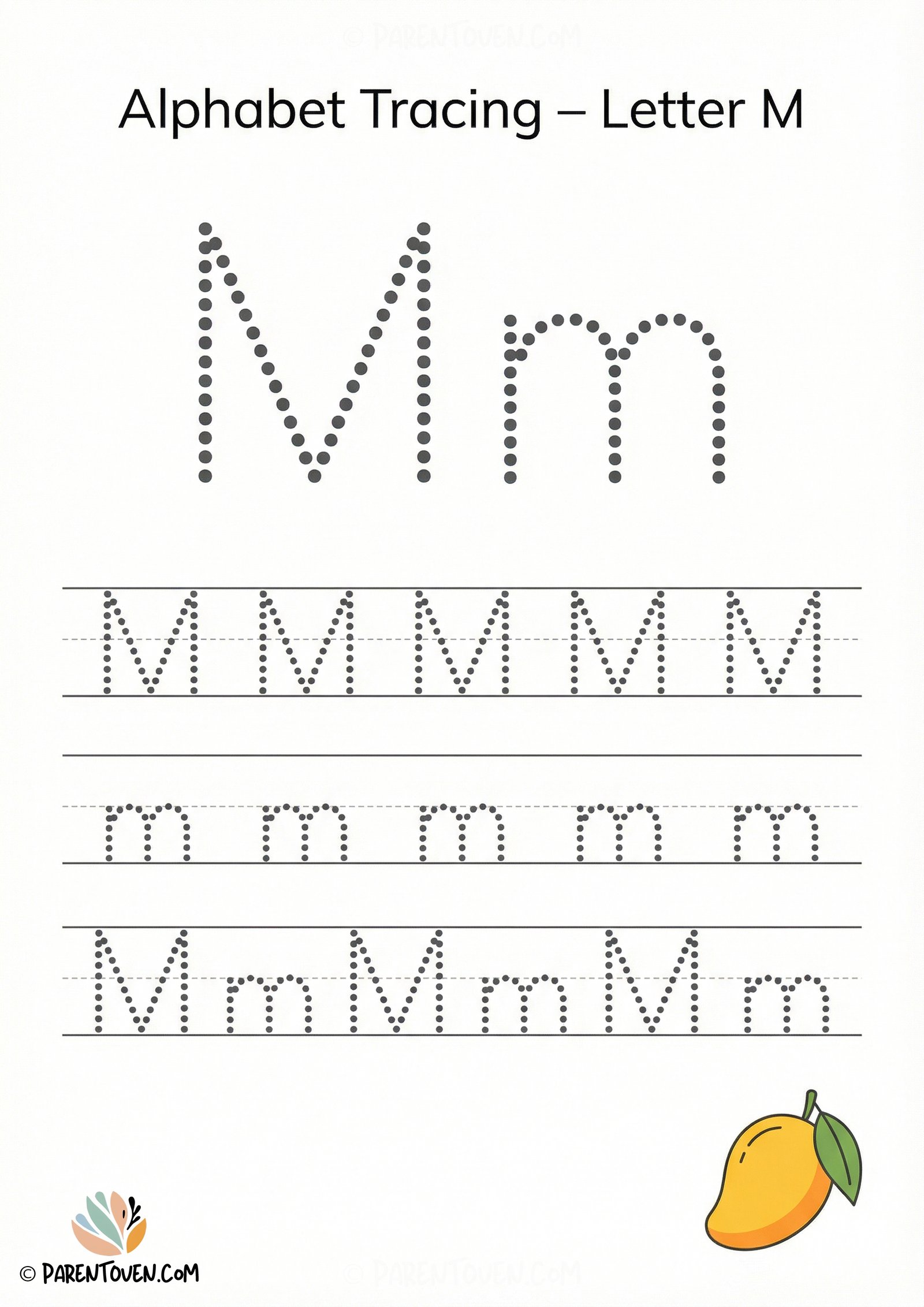 Letter M tracing worksheet with dotted uppercase and lowercase M and a mango illustration to help kids write the alphabet.
