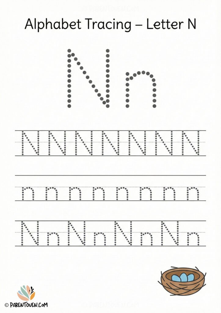 Alphabet tracing worksheet for the letter N with dotted uppercase and lowercase N and a nest illustration for kids.