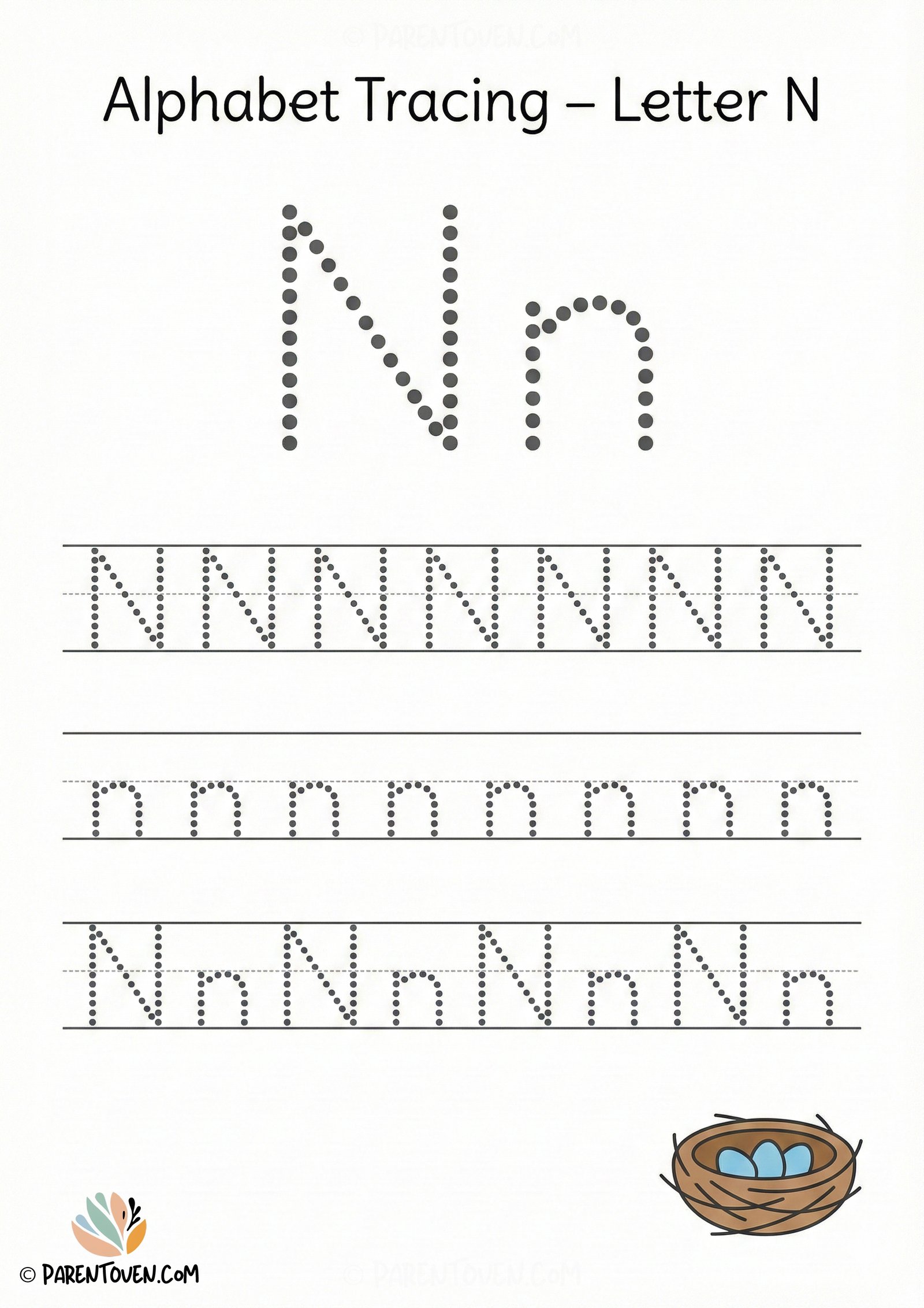 Alphabet tracing worksheet for the letter N with dotted uppercase and lowercase N and a nest illustration for kids.