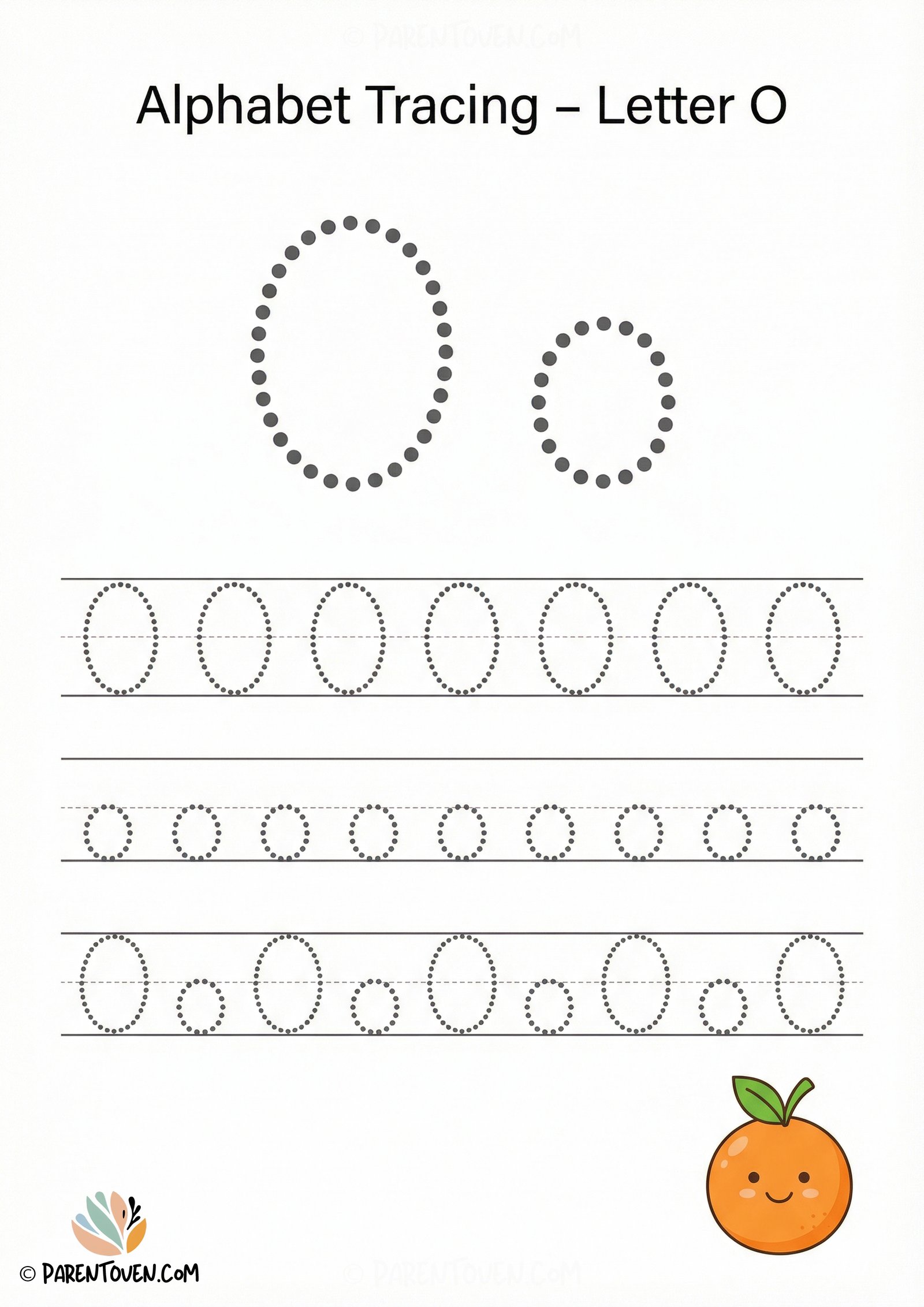 Letter O tracing worksheet with dotted uppercase and lowercase O and an orange illustration for handwriting practice.