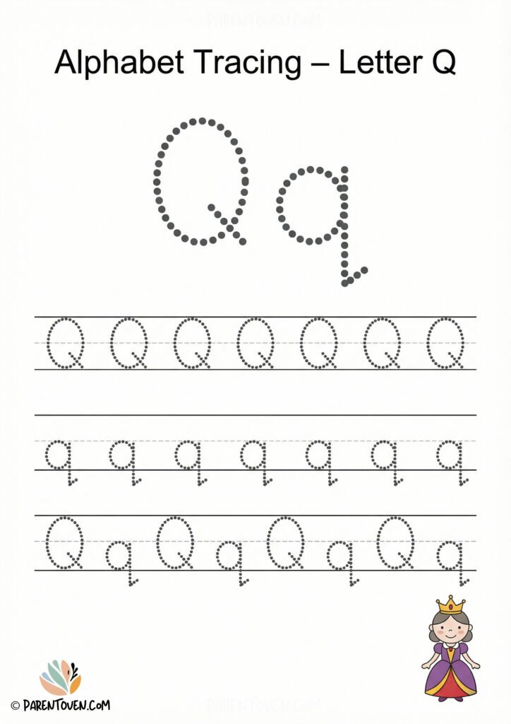 Letter Q tracing worksheet with dotted uppercase and lowercase Q and a queen illustration for kids.