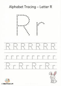 Alphabet tracing worksheet for the letter R with dotted uppercase and lowercase R and a rabbit illustration for kids.