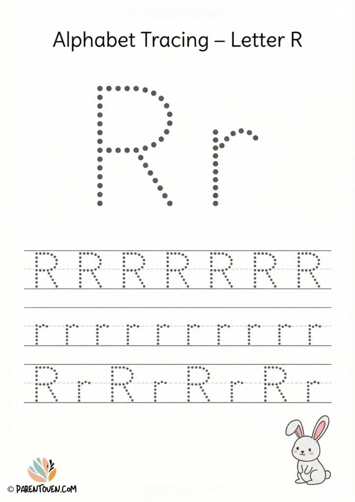 Alphabet tracing worksheet for the letter R with dotted uppercase and lowercase R and a rabbit illustration for kids.