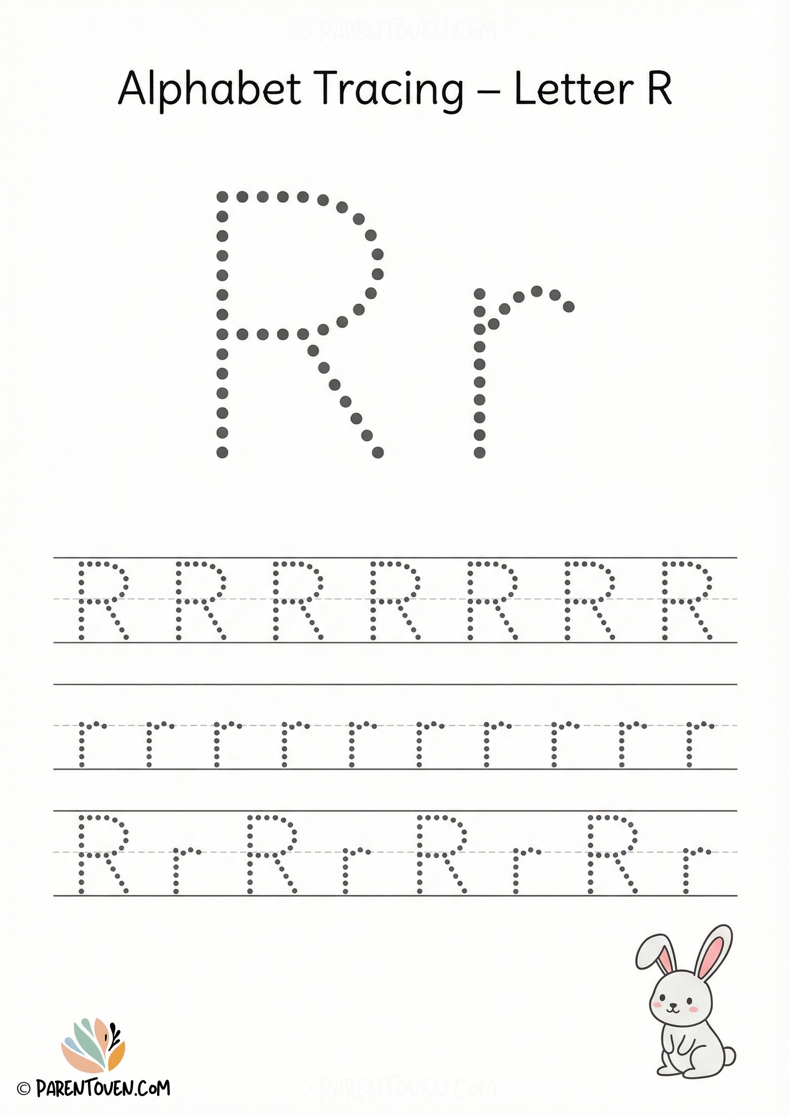 Alphabet tracing worksheet for the letter R with dotted uppercase and lowercase R and a rabbit illustration for kids.