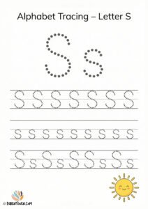 Letter S tracing worksheet with dotted uppercase and lowercase S and a smiling sun illustration for kids.