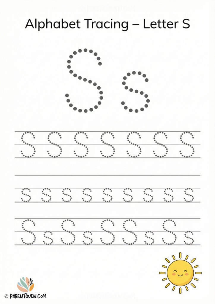 Letter S tracing worksheet with dotted uppercase and lowercase S and a smiling sun illustration for kids.