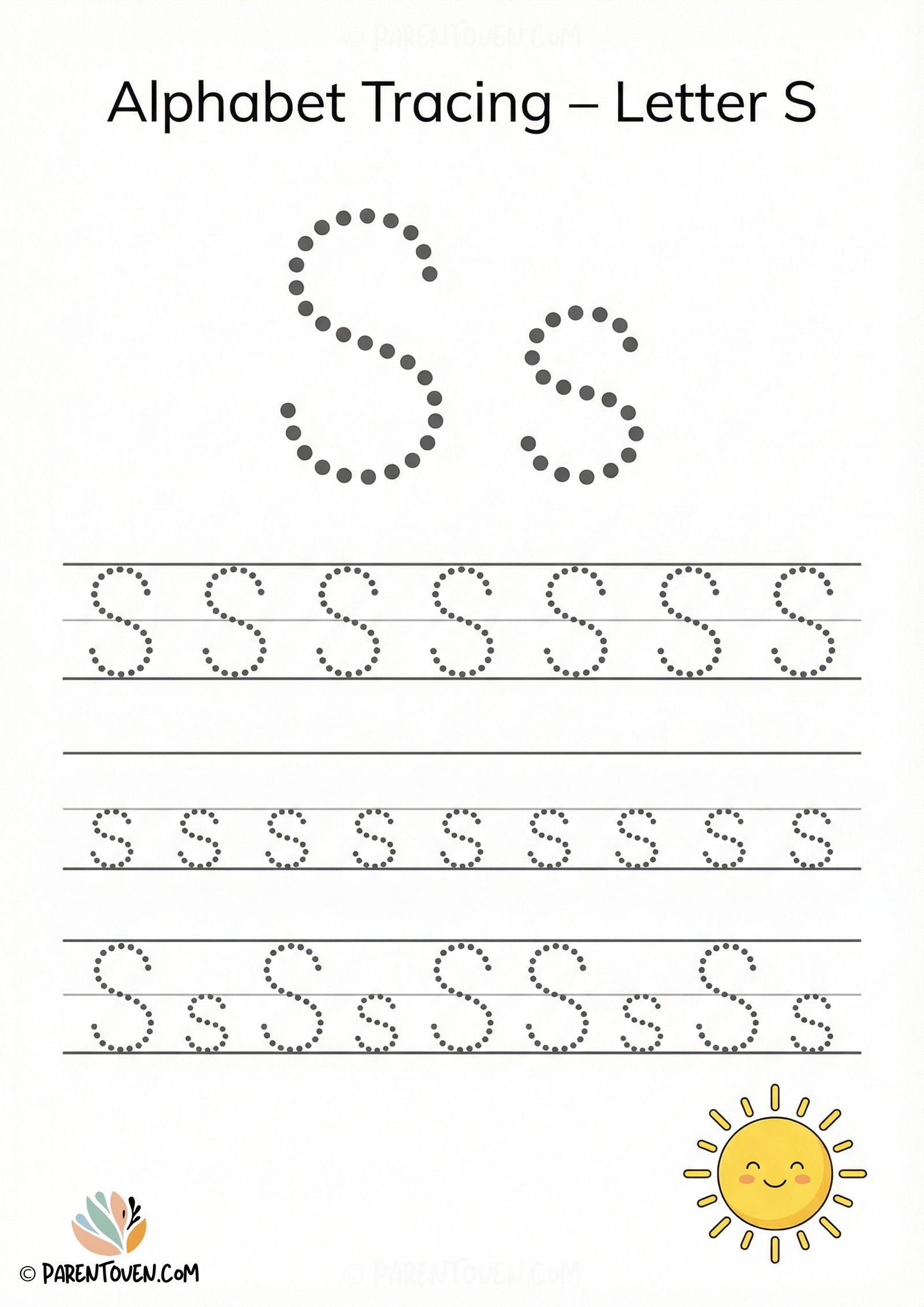Letter S tracing worksheet with dotted uppercase and lowercase S and a smiling sun illustration for kids.