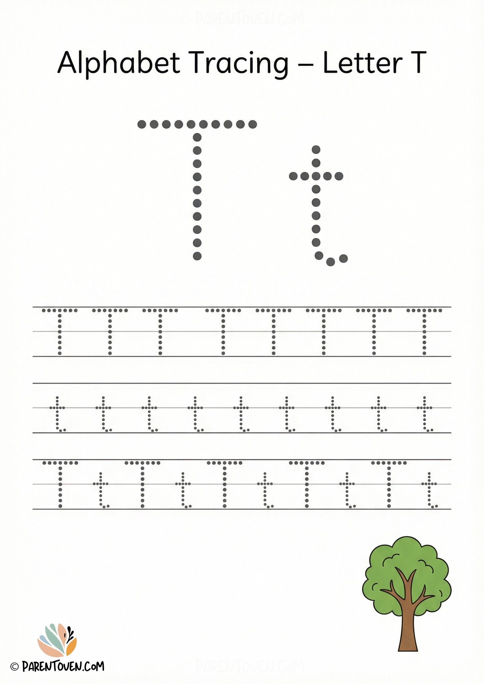 Alphabet tracing worksheet for the letter T with dotted uppercase and lowercase T and a tree illustration for handwriting practice.