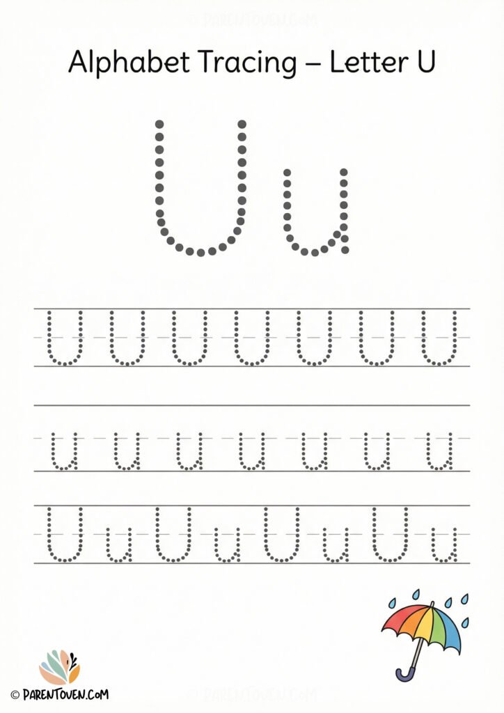 Alphabet tracing worksheet for the letter U with dotted uppercase and lowercase U and an umbrella illustration for kids.
