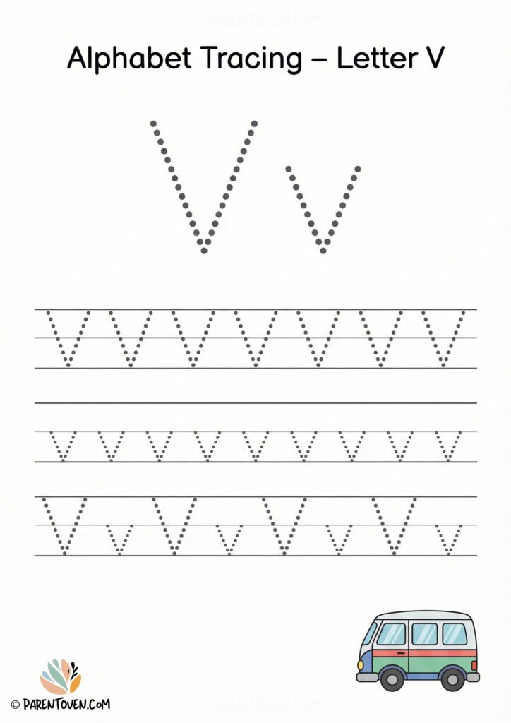 Alphabet tracing worksheet for the letter V with dotted uppercase and lowercase V and a van illustration for kids.