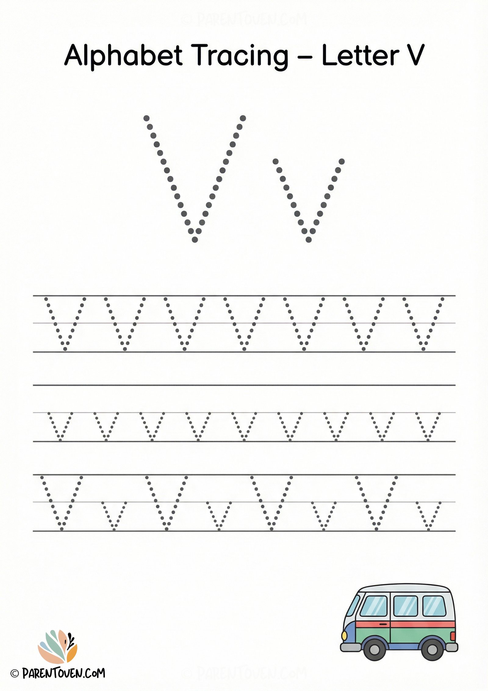 Alphabet tracing worksheet for the letter V with dotted uppercase and lowercase V and a van illustration for kids.