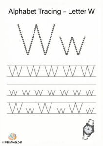 Alphabet tracing worksheet for the letter W with dotted uppercase and lowercase W and a watch illustration for kids.