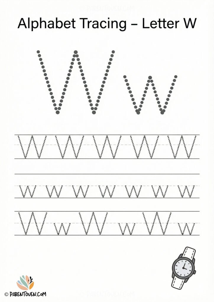 Alphabet tracing worksheet for the letter W with dotted uppercase and lowercase W and a watch illustration for kids.
