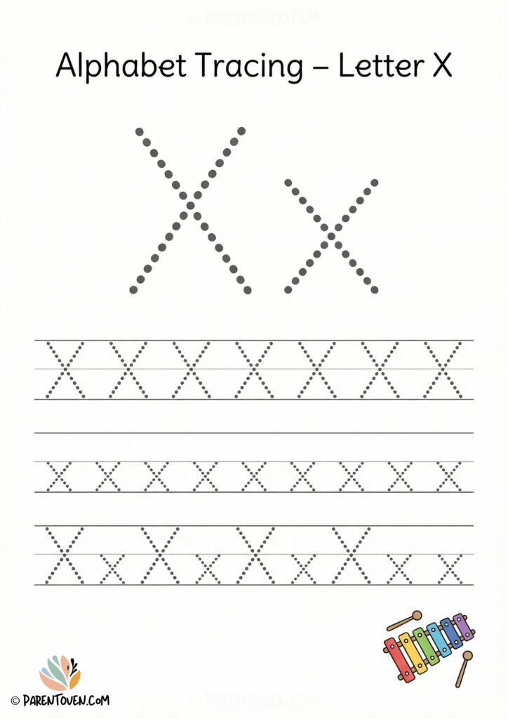 Alphabet tracing worksheet for the letter X with dotted uppercase and lowercase X and a xylophone illustration for kids.