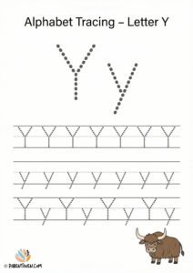 Alphabet tracing worksheet for the letter Y with dotted uppercase and lowercase Y and a yak illustration for kids.