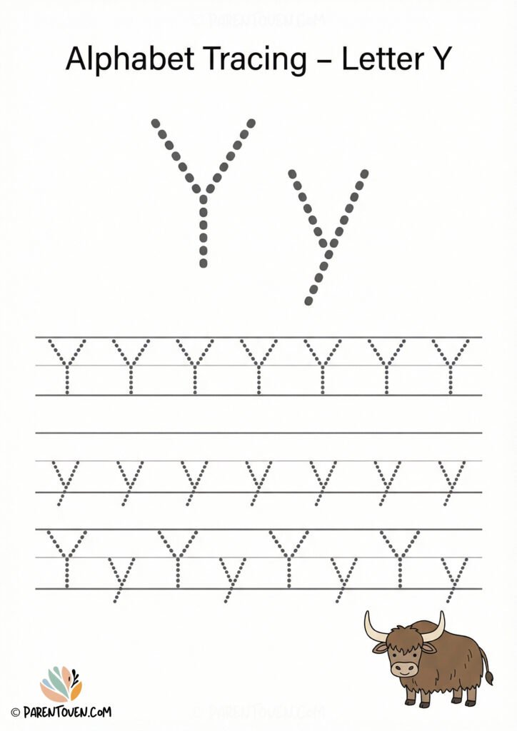 Alphabet tracing worksheet for the letter Y with dotted uppercase and lowercase Y and a yak illustration for kids.