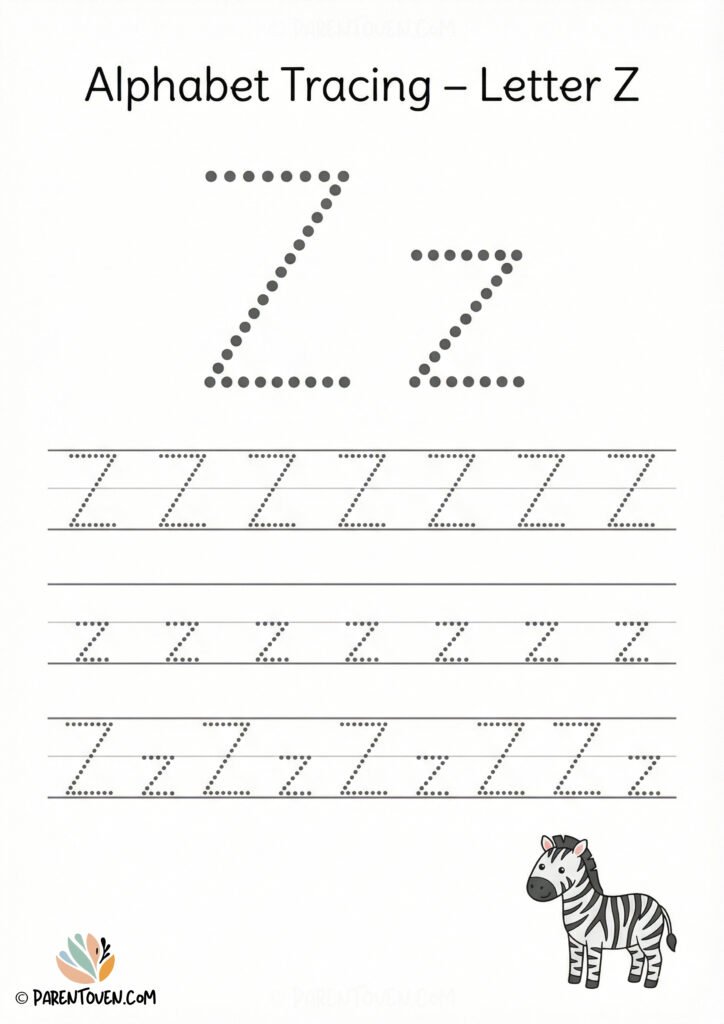 Alphabet tracing worksheet for the letter Z with dotted uppercase and lowercase Z and a zebra illustration for kids.