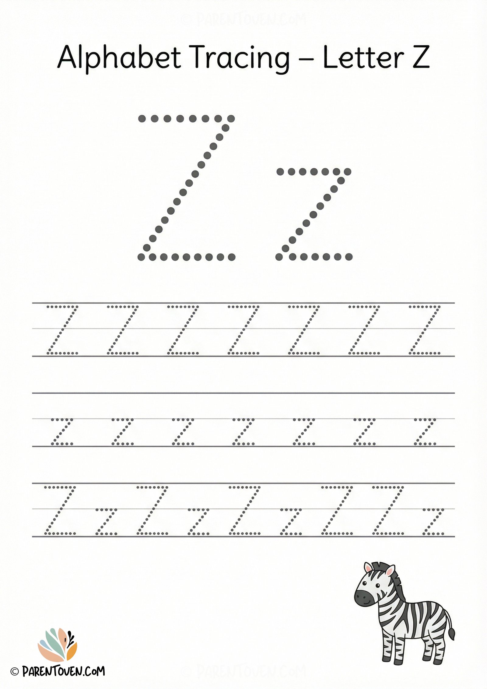 Alphabet tracing worksheet for the letter Z with dotted uppercase and lowercase Z and a zebra illustration for kids.