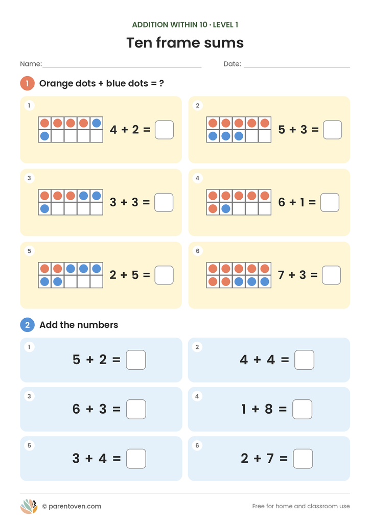 Addition within 10 worksheet level 1: six ten-frame sums with orange and blue dots, plus six number sums with totals up to ten