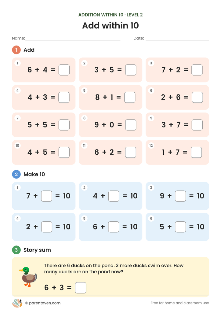 Addition within 10 worksheet level 2: twelve number sums, six “make 10” sums like 7 + ? = 10, and a story sum about ducks on a pond