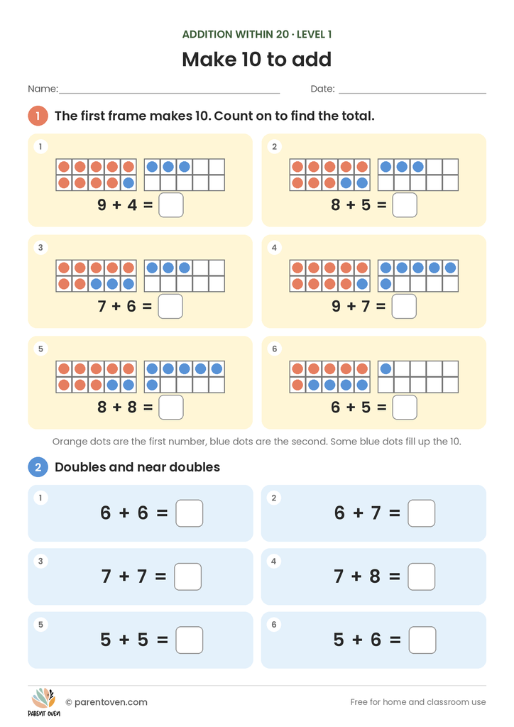 Addition within 20 worksheet level 1: six double ten frame sums such as 9 + 4 and 8 + 5, where the dots show how to make 10 first, plus six doubles and near doubles like 6 + 6 and 6 + 7
