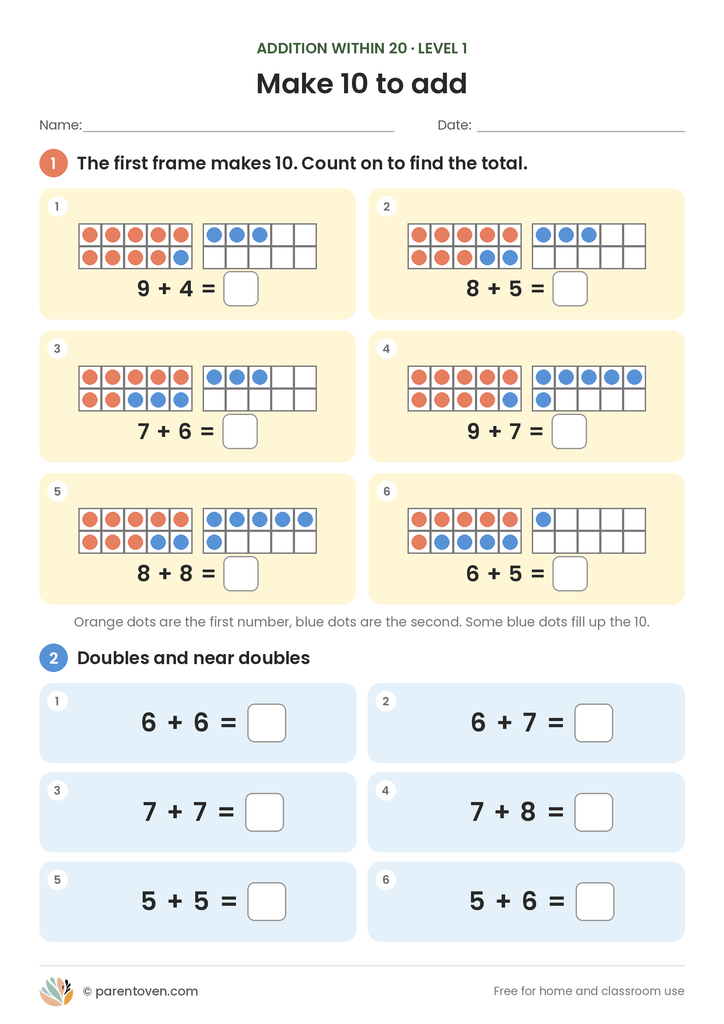 Addition within 20 worksheet level 1: six double ten frame sums such as 9 + 4 and 8 + 5, where the dots show how to make 10 first, plus six doubles and near doubles like 6 + 6 and 6 + 7