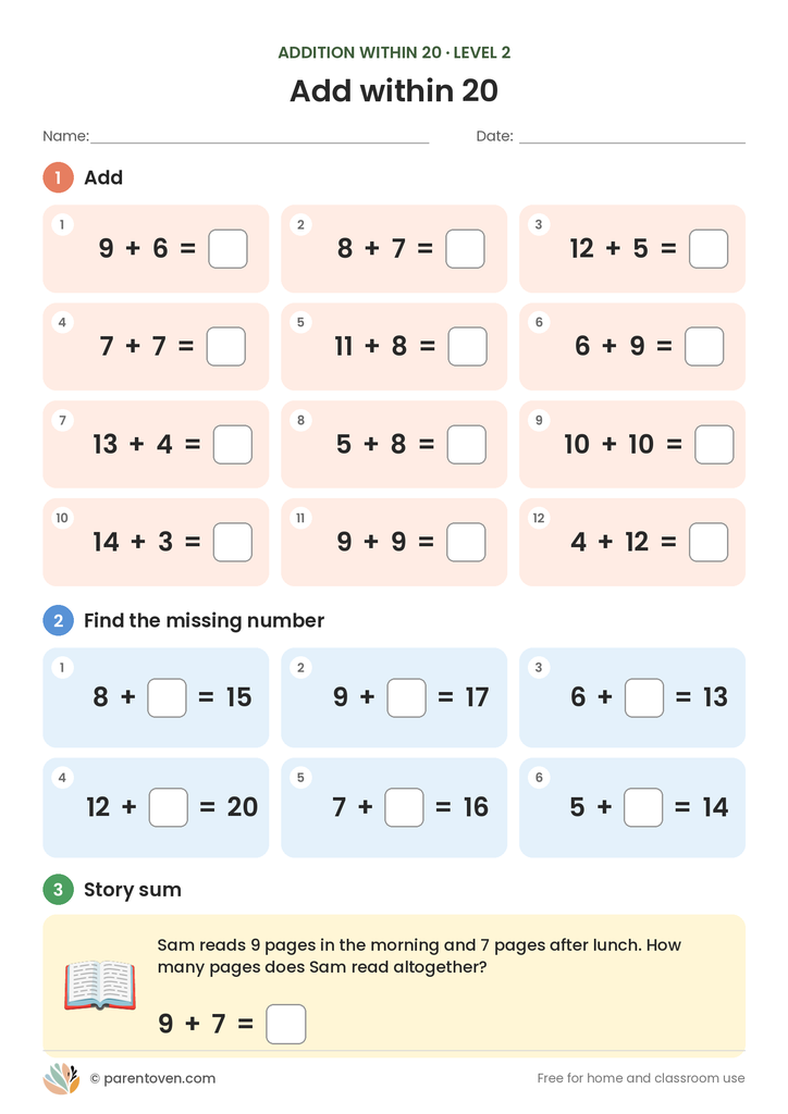 Addition within 20 worksheet level 2: twelve number sums with totals to 20, six missing-number sums such as 8 + ? = 15, and a story problem about pages read in a day