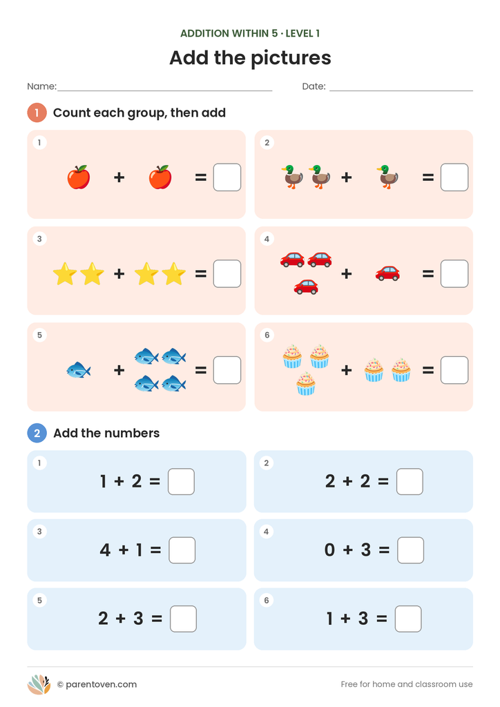 Addition within 5 worksheet level 1: six picture sums with apples, ducks, stars, cars, fish and cupcakes, plus six easy number sums such as 1 + 2 and 4 + 1