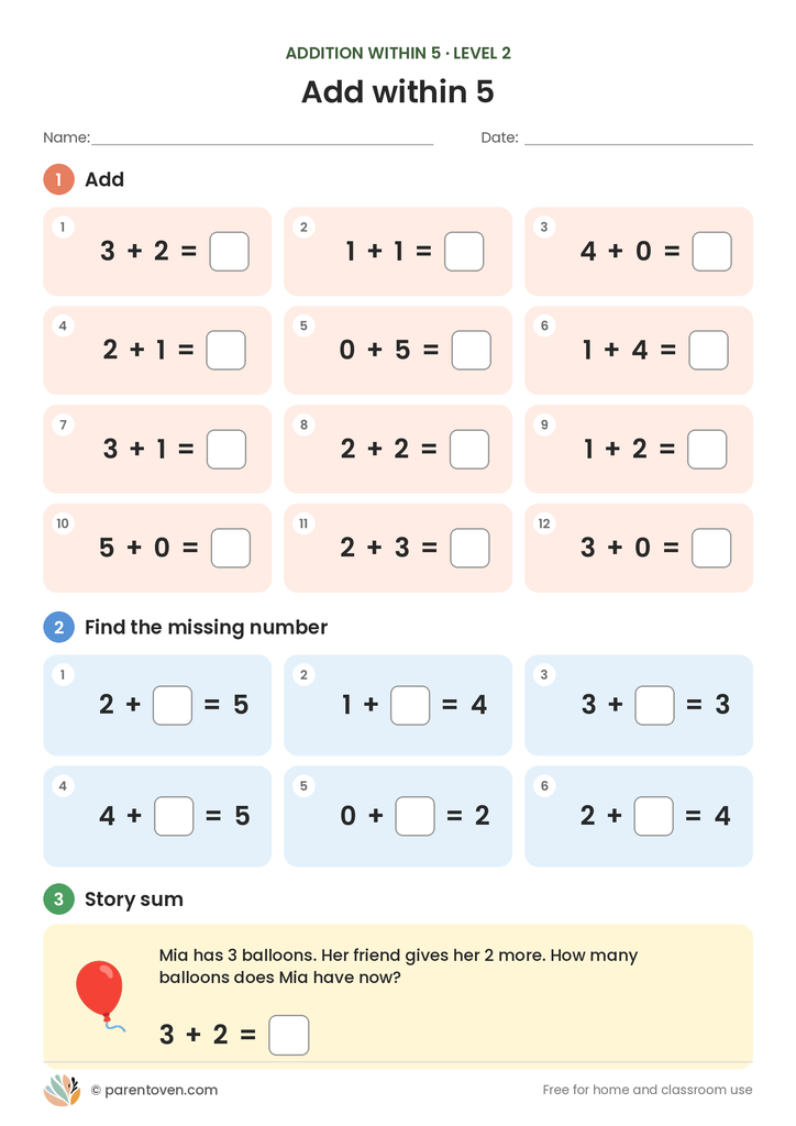 Addition within 5 worksheet level 2: twelve number sums, six missing-number sums like 2 + ? = 5, and a story sum about balloons