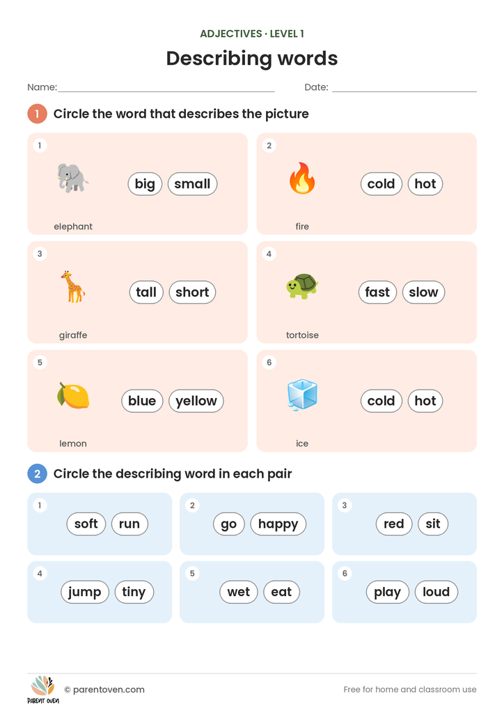 Adjectives worksheet level 1: circle the adjective that fits six pictures (big elephant, hot fire, tall giraffe and more), then circle the describing word in six pairs