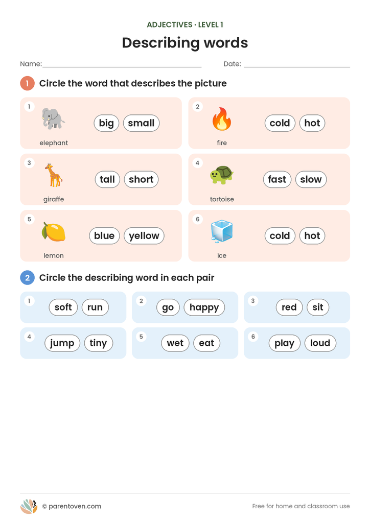 Adjectives worksheet level 1: circle the adjective that fits six pictures (big elephant, hot fire, tall giraffe and more), then circle the describing word in six pairs