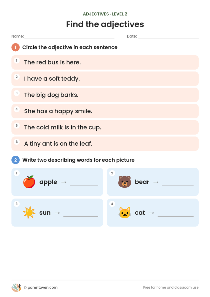 Adjectives worksheet level 2: circle the adjective in six sentences, then write two describing words for an apple, a bear, the sun and a cat