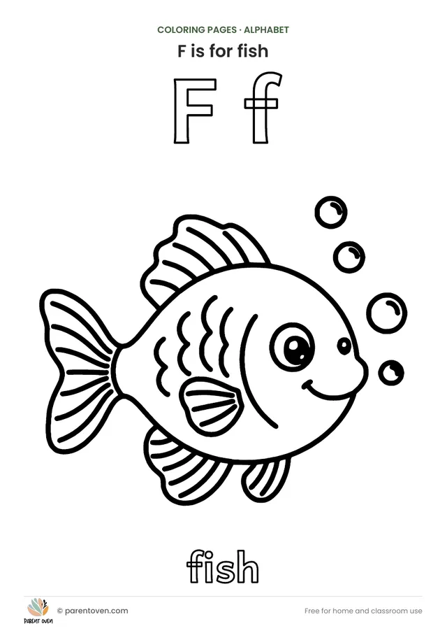 F is for fish coloring page