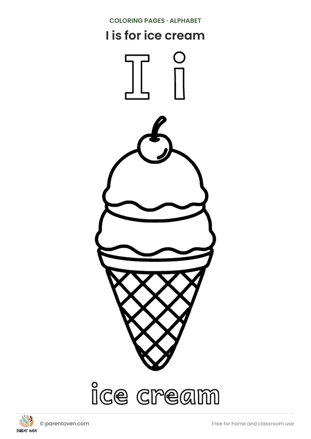 I is for ice cream coloring page