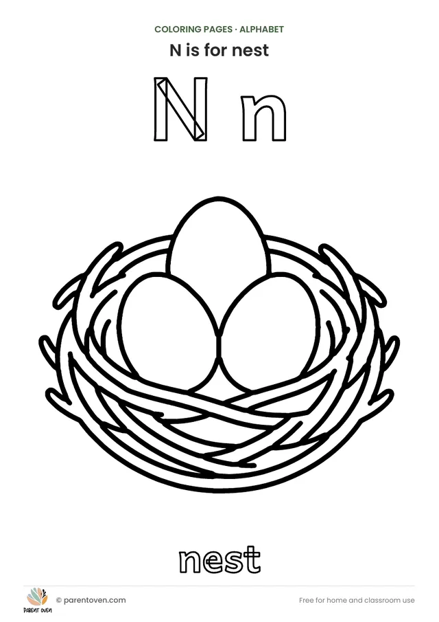N is for nest coloring page