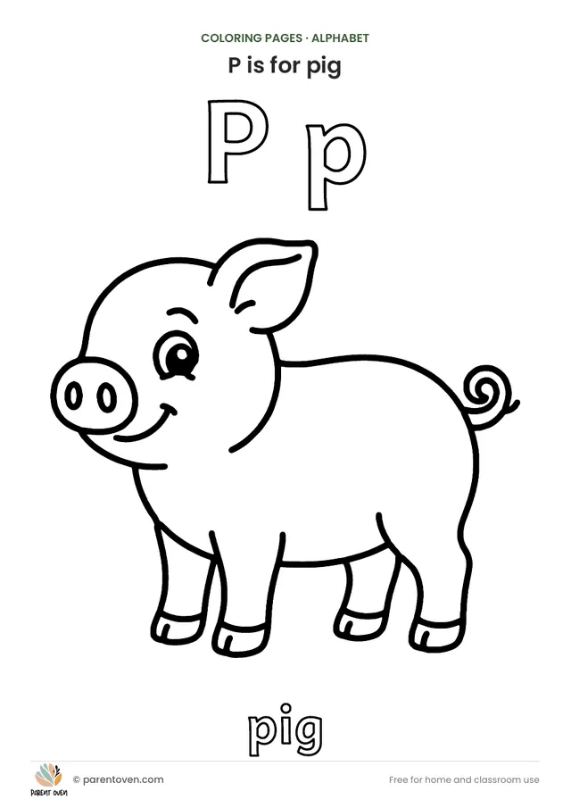 P is for pig coloring page