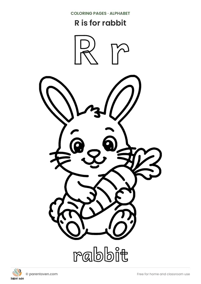 R is for rabbit coloring page