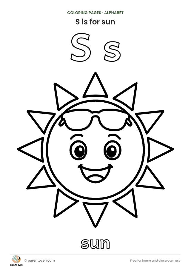 S is for sun coloring page