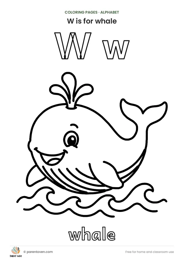 W is for whale coloring page