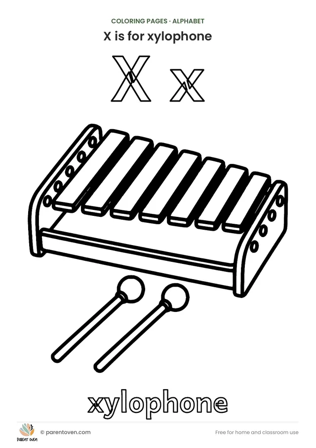 X is for xylophone coloring page