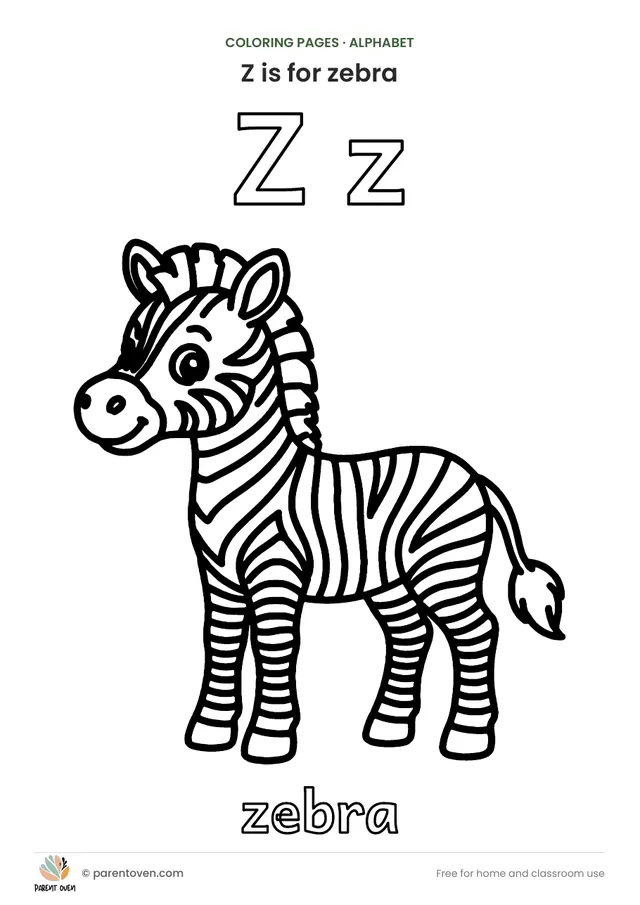 Z is for zebra coloring page