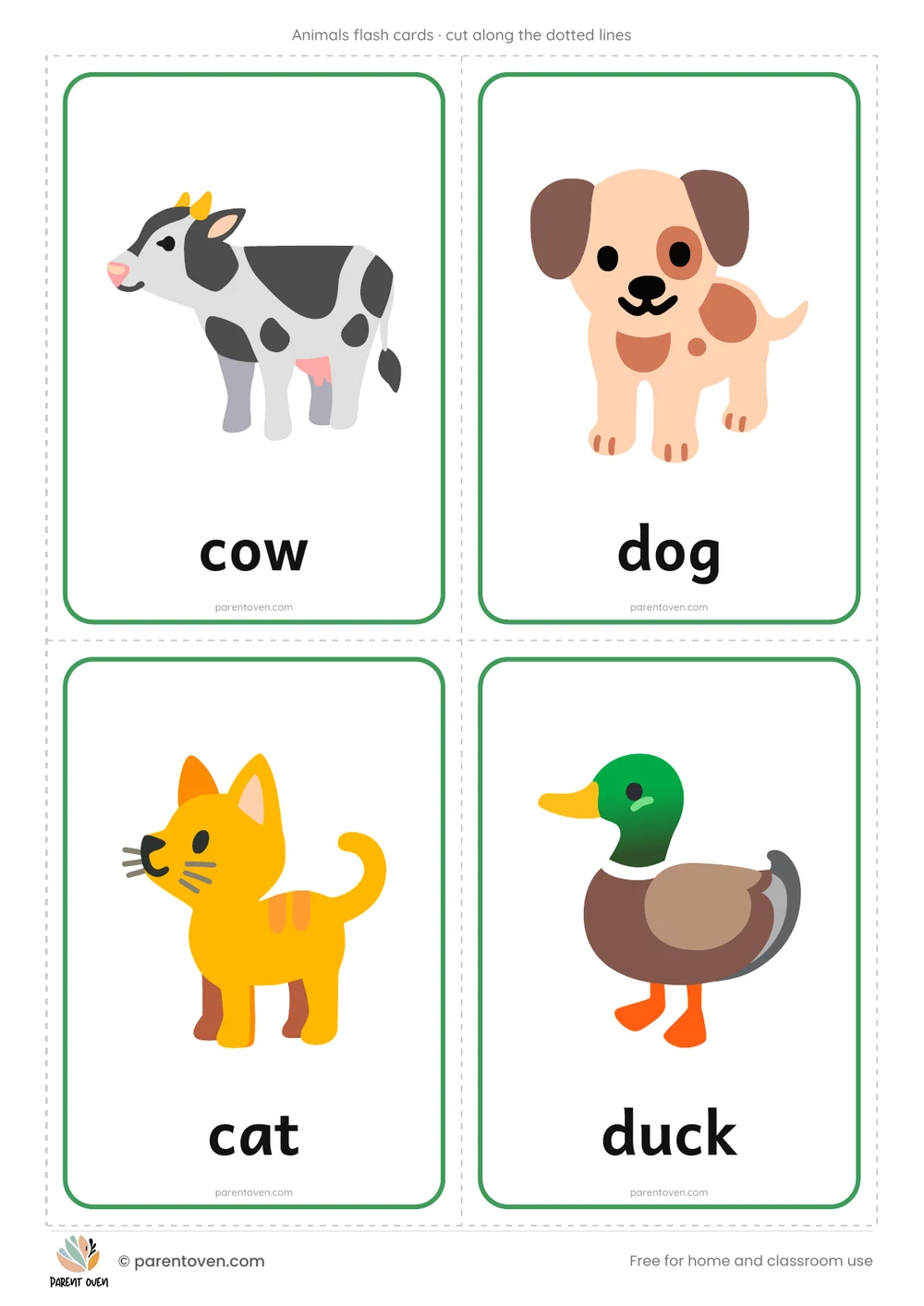 Animals flash cards: 4 cut-out cards per page