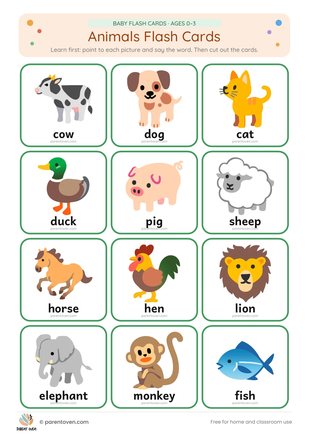 Animals flash cards: learn-first chart of all 12 cards