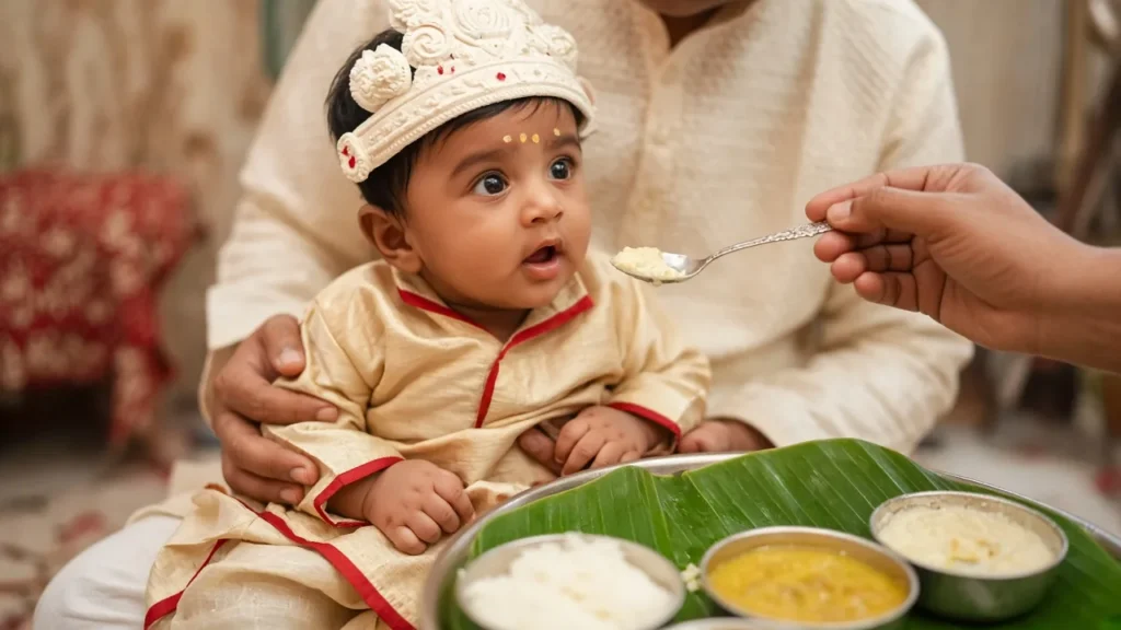 Indian baby in a cream and red silk outfit and white crown being offered his first rice pudding on a silver spoon at his Annaprashan