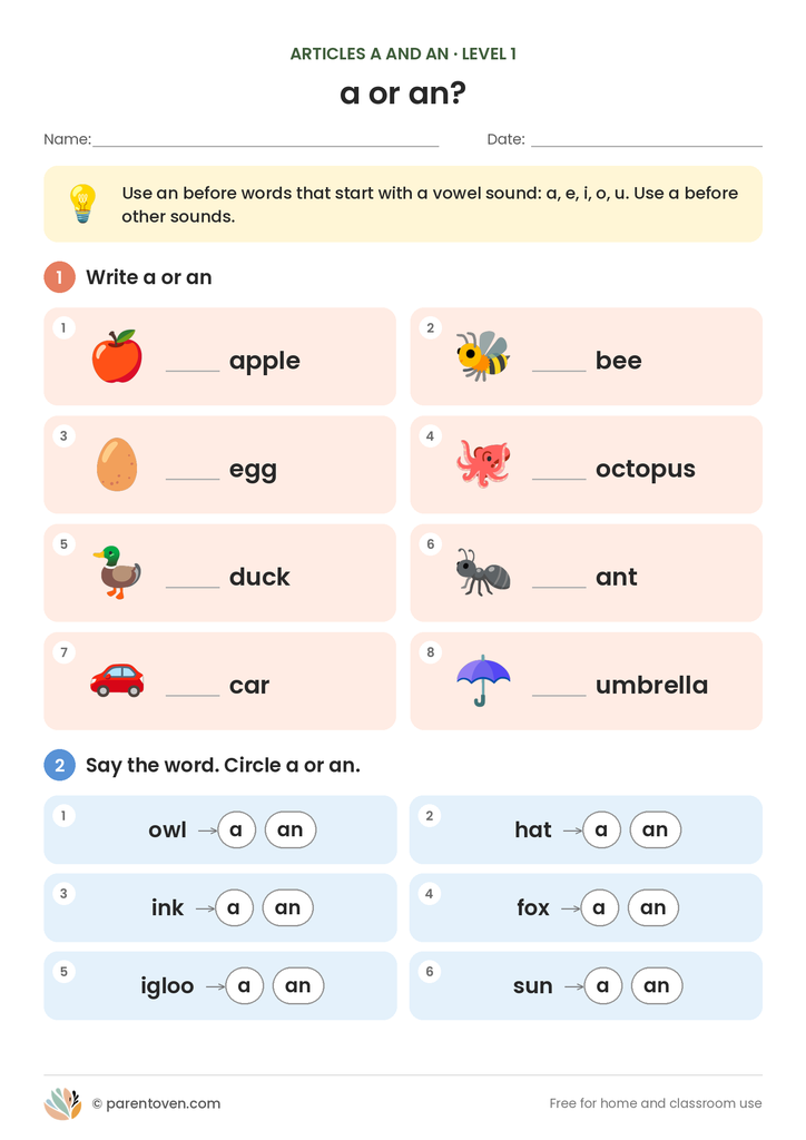 Articles A and An worksheet level 1: a short rule box, then write a or an for eight picture words (an apple, a bee, an egg…), and circle a or an for six more words