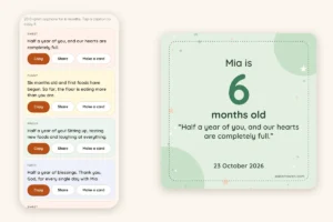 Baby caption generator showing 6-month captions next to a milestone card with the caption printed on it