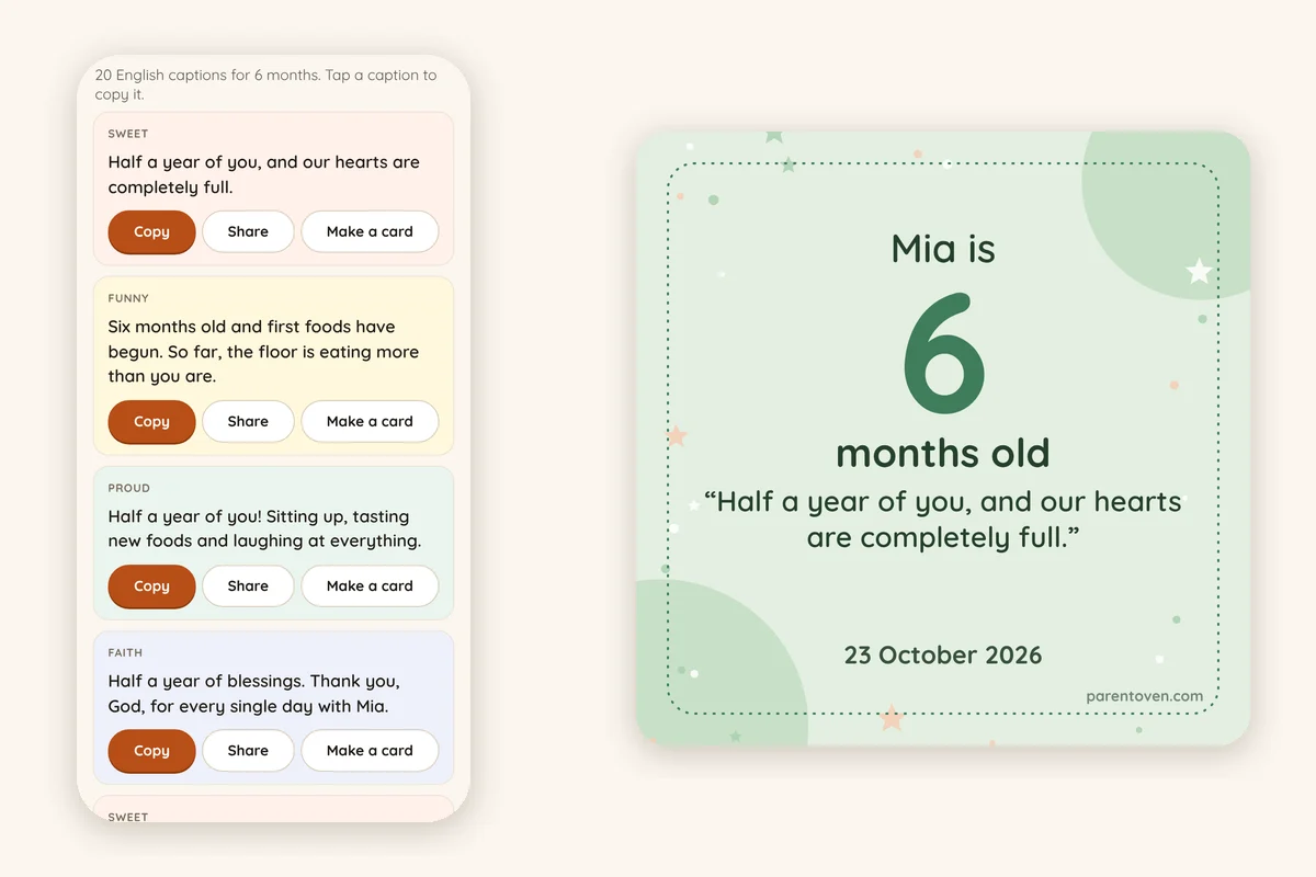 Baby caption generator showing 6-month captions next to a milestone card with the caption printed on it