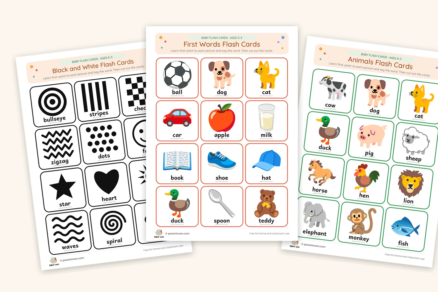 Free printable baby flash cards: black and white, animals and first words
