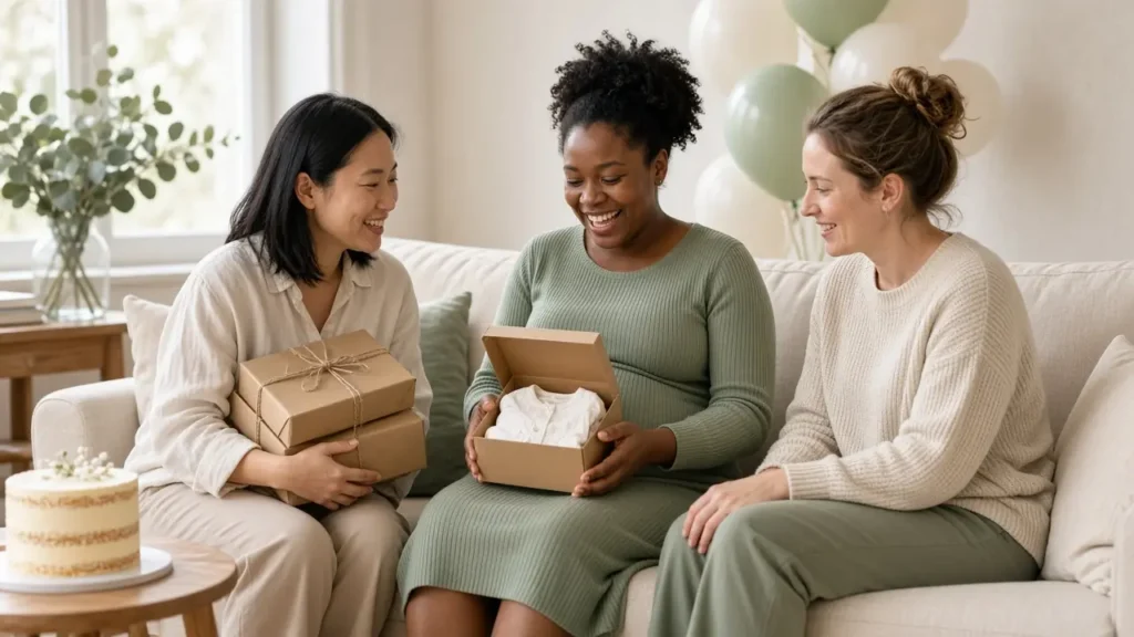 Smiling pregnant woman opening a gift box with a tiny white baby cardigan at her baby shower, with two friends, sage balloons and a cake